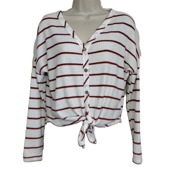 Paper Crane Tops - Paper Crane Bottom Tie Shirt Womens Extra Small White-Red Waffle Knit Long Sleev
